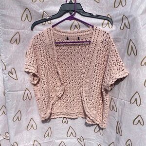 Large Soft Pink Crochet Open-Front Cardigan